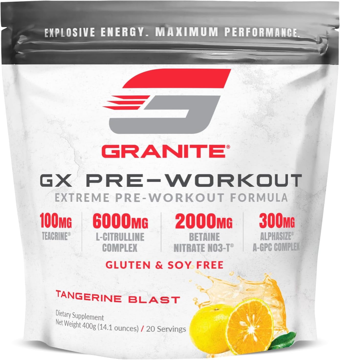 Granite GX Pre Workout Supplement, Tangerine Blast Flavor, Supports Focus, Energy, & Performance with Teacrine, L-Citrulline, Betaine, & A-GPC (20 Servings)