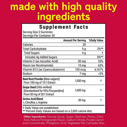 Beetroot Gummies - with Grapeseed and Anthocyanins - Energy, Circulation and Heart Health, Blood Pressure Support, Antioxidants