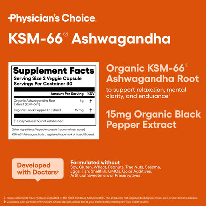 Physician'S Choice KSM 66 Ashwagandha Capsules, 1000Mg, 60 Ct.